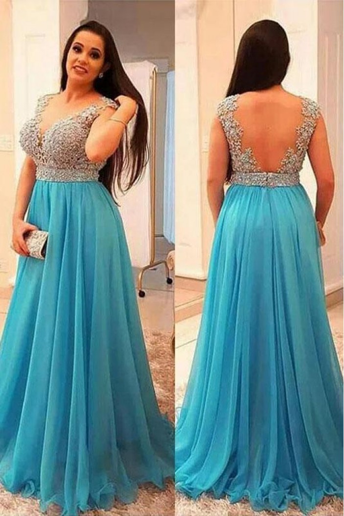 A-Line Beaded Lace Appliques Long Prom Dresses Plus Size Formal Evening Dresses 601301