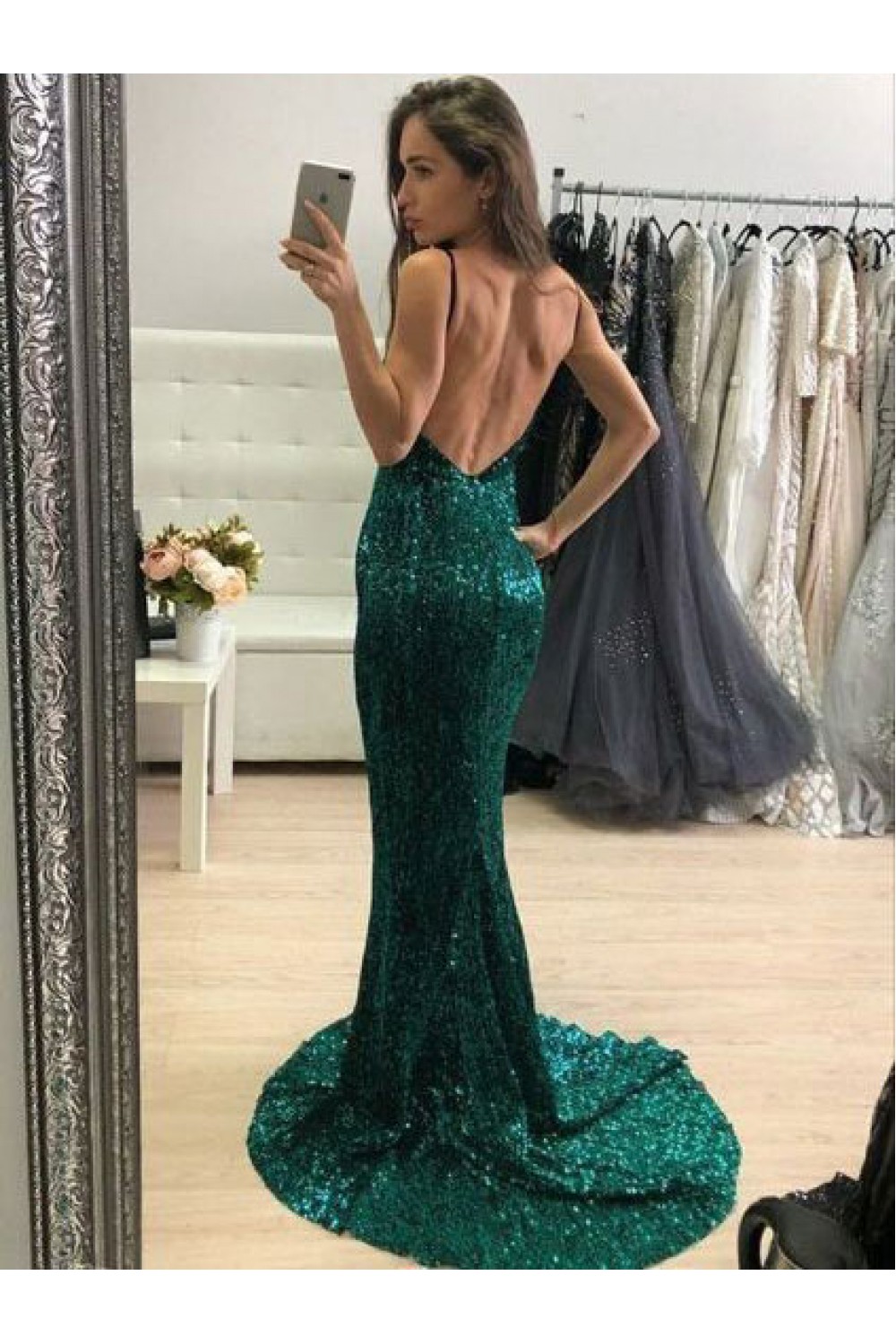 Sexy Backless Mermaid Sequins Spaghetti Straps Long Prom Dresses Formal ...
