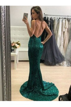 Sexy Backless Mermaid Sequins Spaghetti Straps Long Prom Dresses Formal Evening Dresses 601309