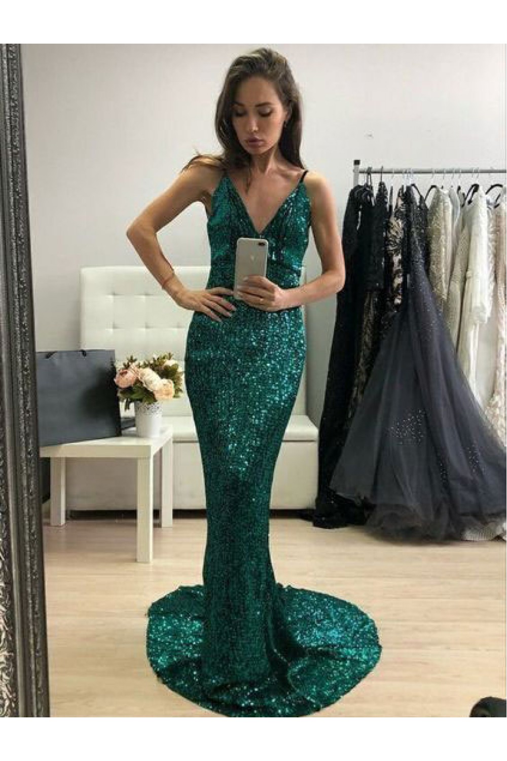 Sexy Backless Mermaid Sequins Spaghetti Straps Long Prom Dresses Formal ...