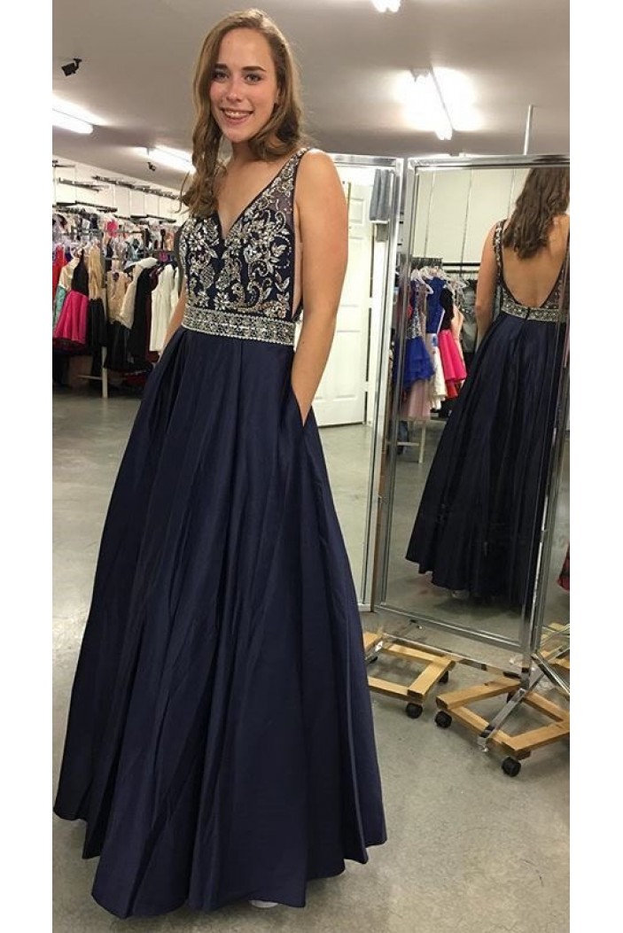 A-Line Beaded V-Neck Long Prom Dresses Formal Evening Dresses 601311