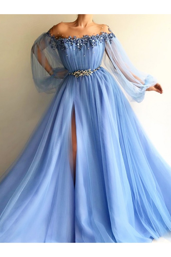 Beaded Lace Tulle Long Sleeves Long Prom Dresses Formal Evening Dresses 601366