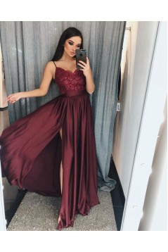 A-Line V-Neck Lace Long Prom Dresses Evening Gowns 601378