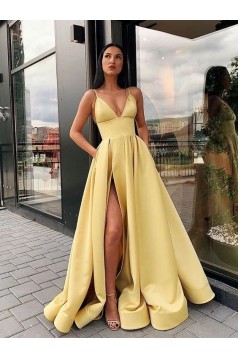 A-line Spaghetti Straps Side Slit Long Prom Dresses Evening Gowns 601379