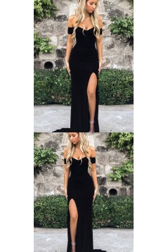 Elegant Long Black Off-the-Shoulder Prom Dresses Evening Gowns with Slit 601381