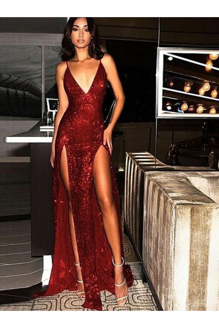 Sexy Spaghetti Straps V Neck Sparkling Long Prom Dress Formal Evening Dresses With High Slits 601388