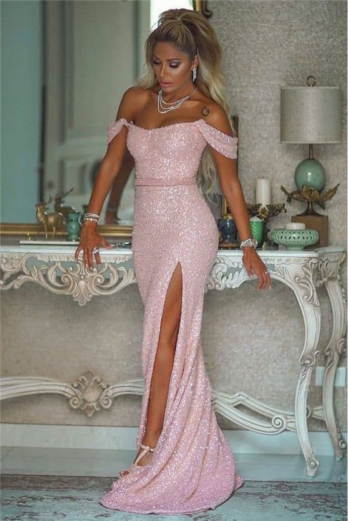 Elegant Mermaid Off-the-Shoulder Sequins Long Prom Dress Formal Evening Dresses 601401