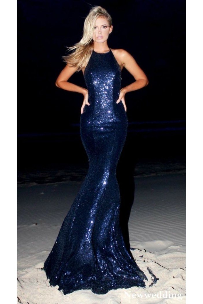 Mermaid Halter Sparkling Long Prom Dress Formal Evening Dresses 601404