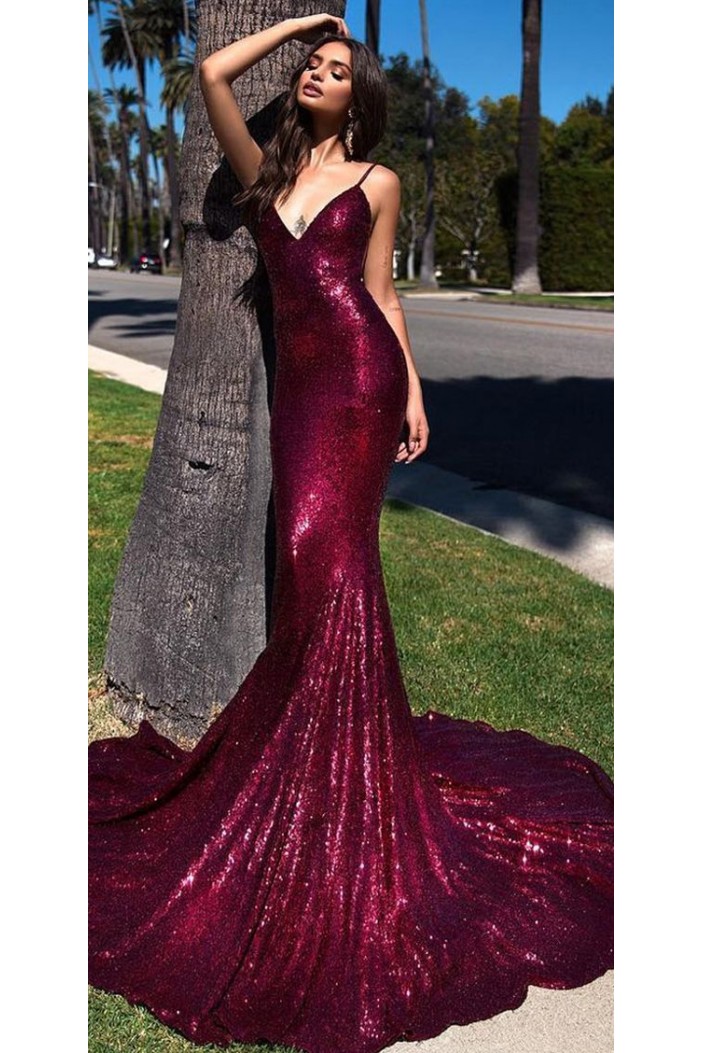 Mermaid V-Neck Spaghetti Straps Sparkling Long Prom Dress Formal Evening Dresses 601409