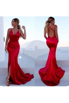 Mermaid V-Neck Long Red Prom Dress Formal Evening Dresses 601416