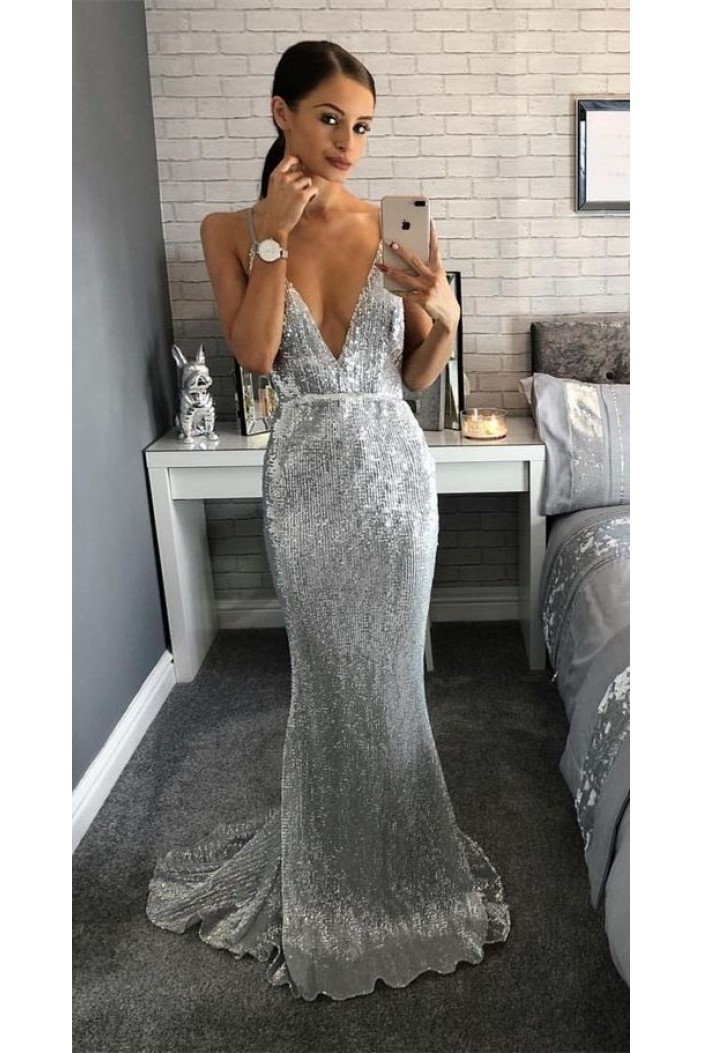 Mermaid V-Neck Spaghetti Straps Sparkling Long Prom Dress Formal Evening Dresses 601427