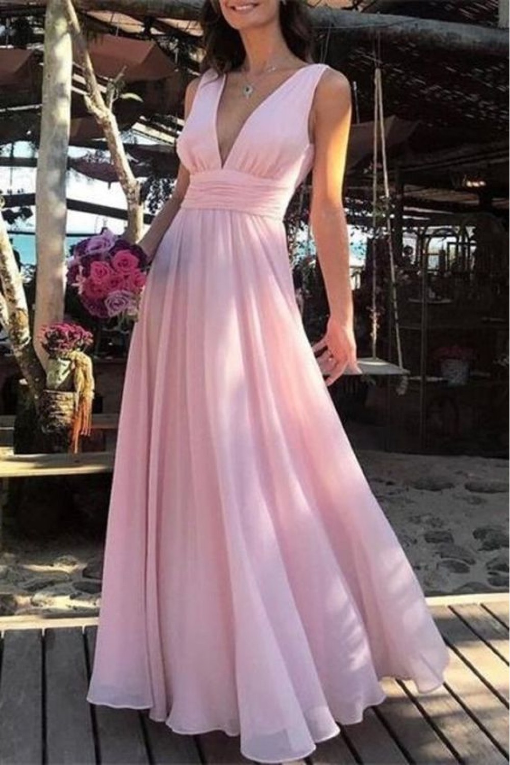 A Line Long Pink V Neck Chiffon Prom Dress Formal Evening Dresses 601448
