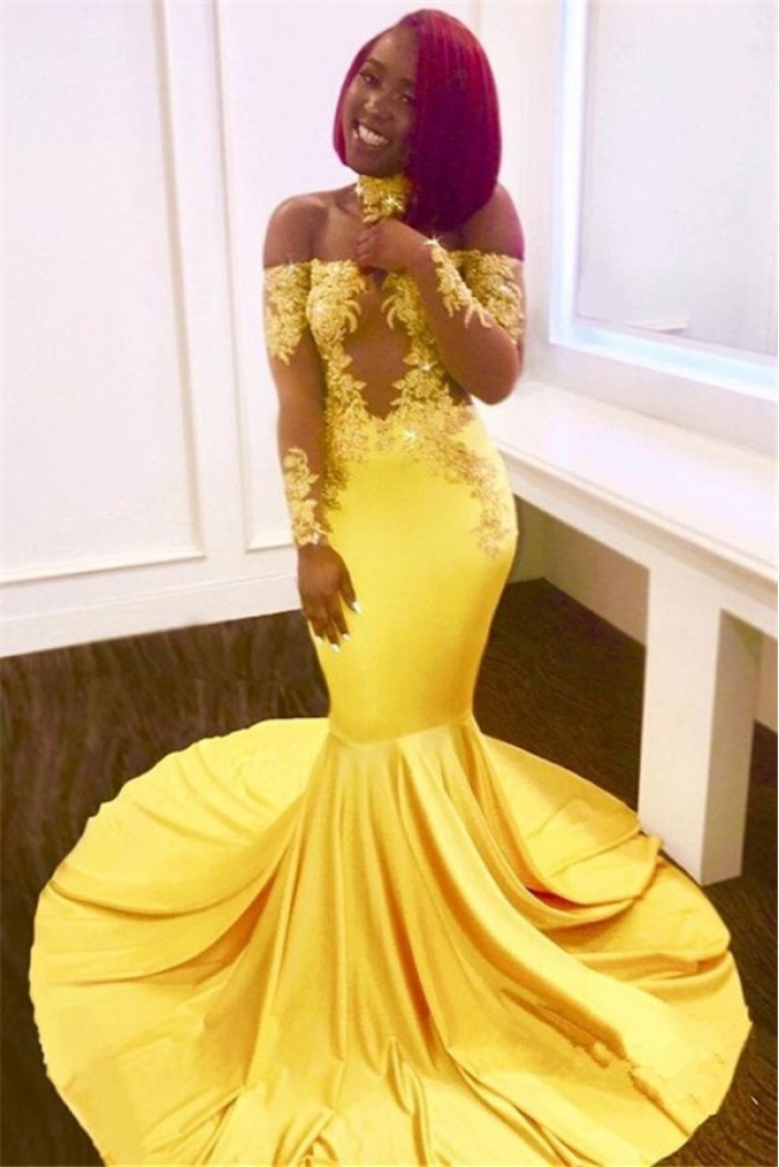 Mermaid Off-the-Shoulder Long Sleeves Yellow Lace Prom Dress Formal Evening Dresses 601457