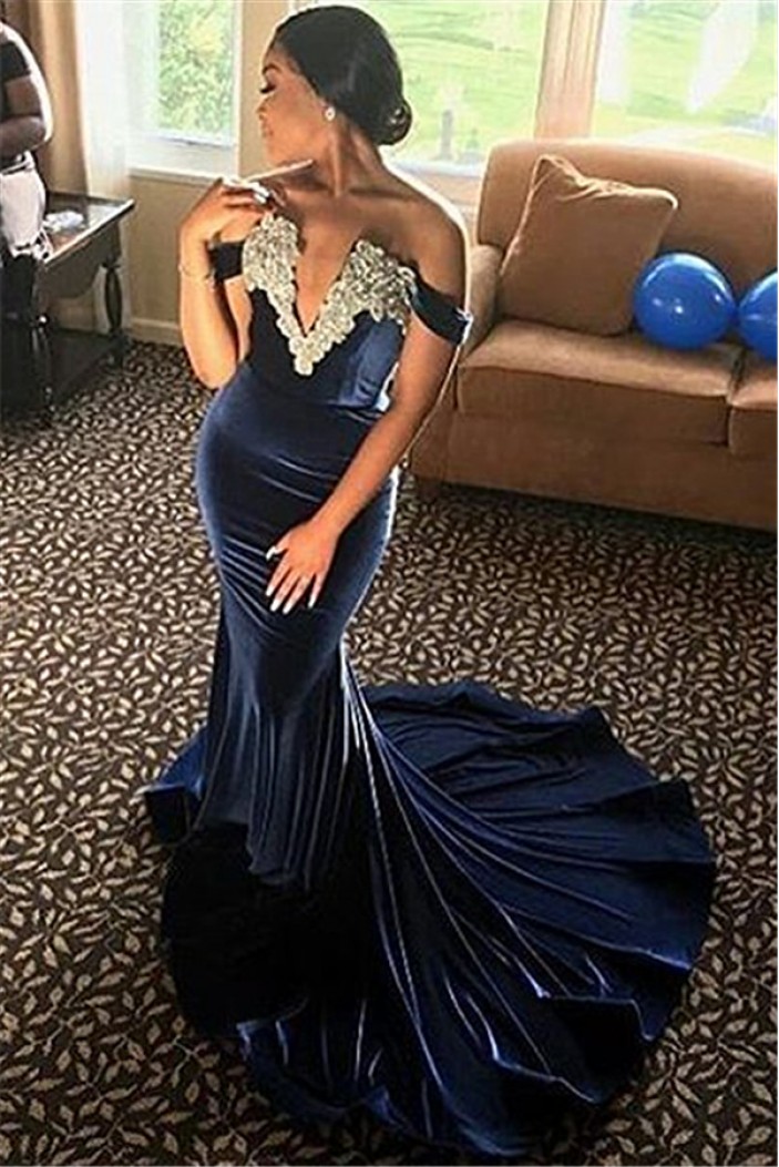 Mermaid Off-the-Shoulder V-Neck Long Sleeves Yellow Lace Prom Dress Formal Evening Dresses 601458