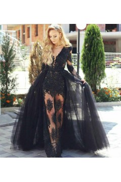 Lace and Tulle V-Neck Long Black Prom Dress Formal Evening Dresses 601463