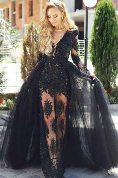 Lace and Tulle V-Neck Long Black Prom Dress Formal Evening Dresses 601463