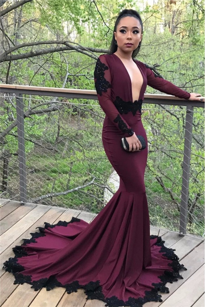 Mermaid Long Sleeves Lace Appliques Long Prom Dress Formal Evening Dresses 601464