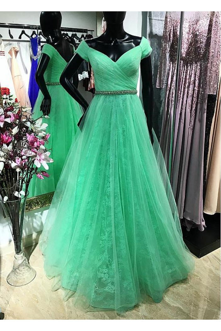 A-Line Off-the-Shoulder Lace Tulle Long Prom Dress Formal Evening Dresses 601469