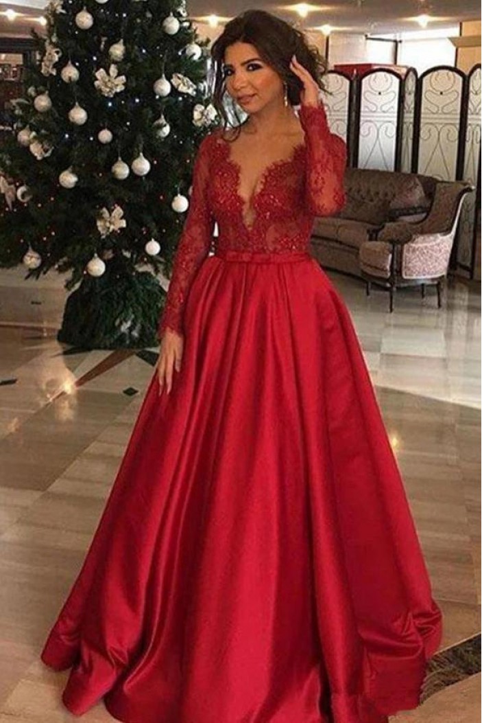 ALine Long Sleeves VNeck Lace Satin Red Prom Dress Formal Evening