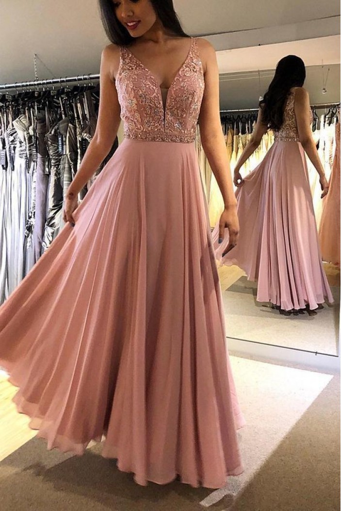 A-Line Beaded Lace Chiffon Long Prom Dress Formal Evening Dresses 601488