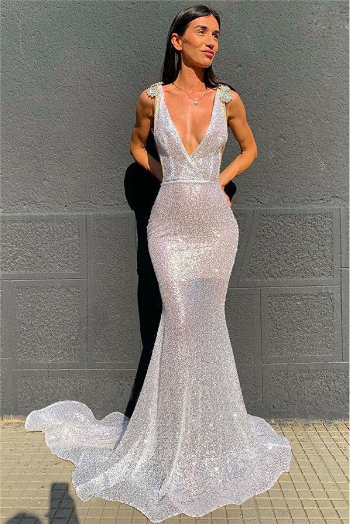 Mermaid V-Neck Sparkling Long Prom Dress Formal Evening Dresses 601501