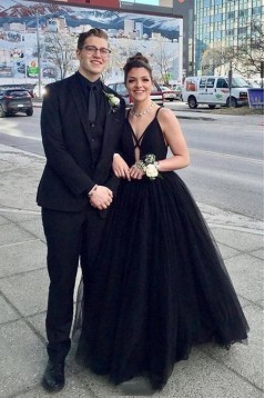 A-Line Long Black Tulle Prom Dress Formal Evening Dresses 601514