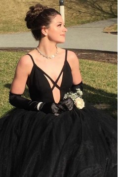 A-Line Long Black Tulle Prom Dress Formal Evening Dresses 601514