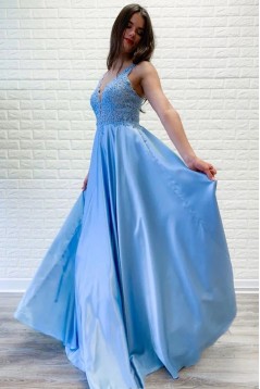 A-Line V-Neck Lace Long Prom Dress Formal Evening Dresses 601534
