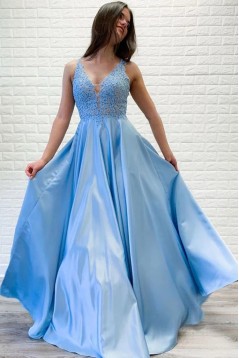 A-Line V-Neck Lace Long Prom Dress Formal Evening Dresses 601534
