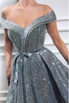 A-Line Off-the-Shoulder Sparkling Long Prom Dress Formal Evening Dresses 601536