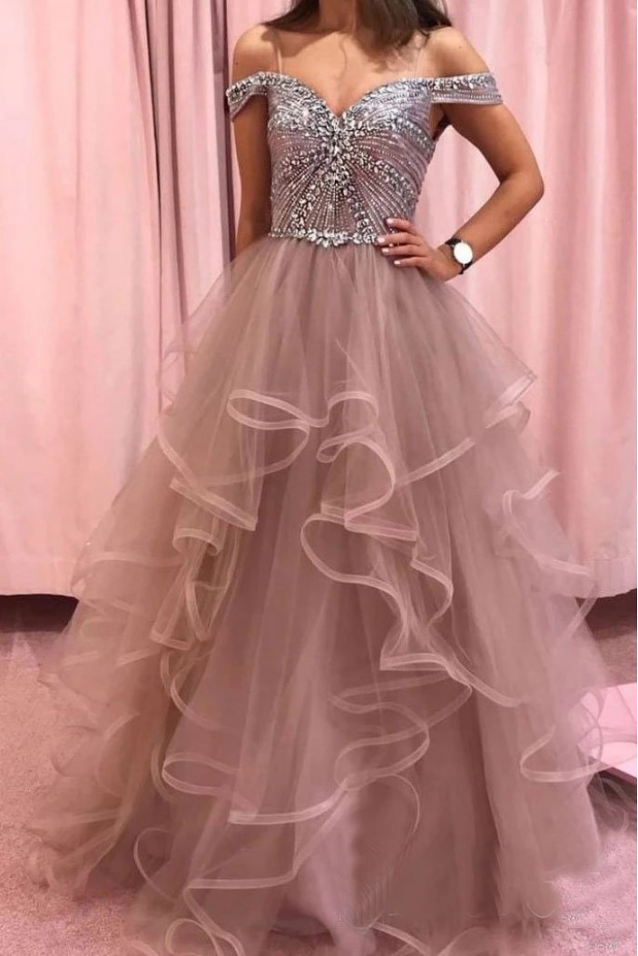 A-Line Beaded Tulle Off-the-Shoulder Long Prom Dress Formal Evening Dresses 601538