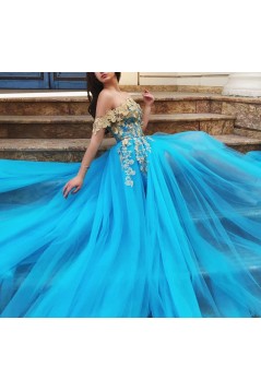 A-Line Lace Tulle Off-the-Shoulder Long Prom Dress Formal Evening Dresses 601540