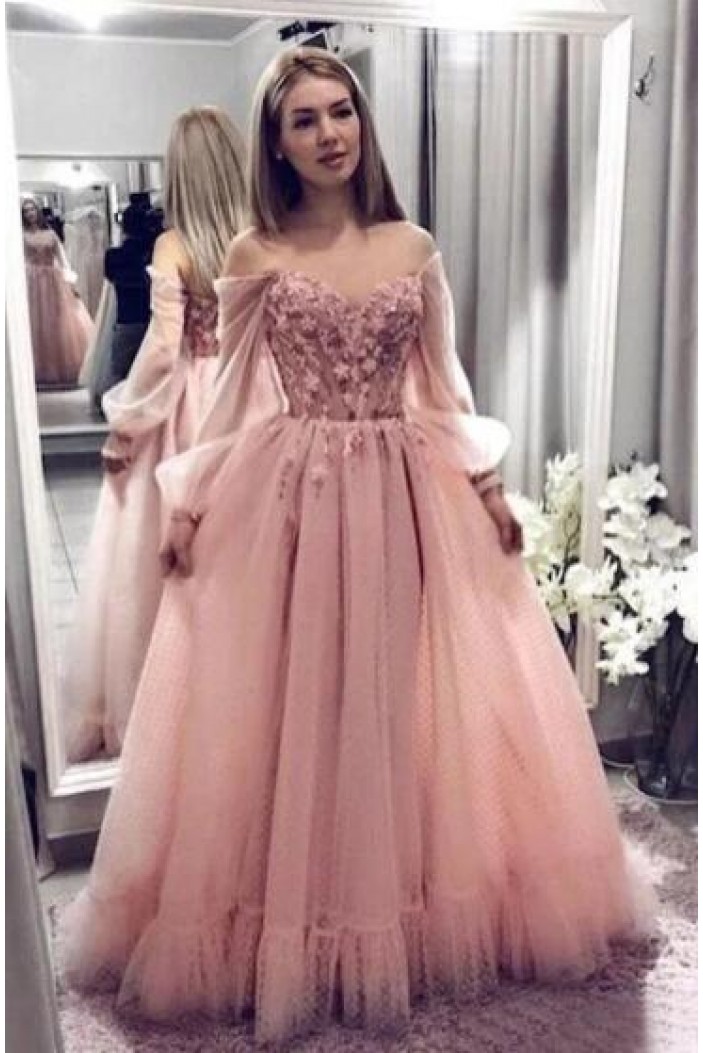 A-Line Tulle Long Prom Dress Formal Evening Dresses 601554