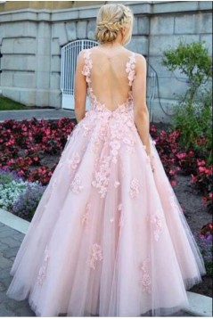 A-Line Lace Tulle V-Neck Long Prom Dress Formal Evening Dresses 601557