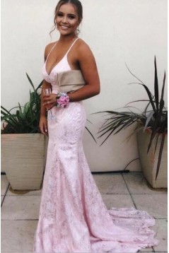Mermaid Backless Lace V-Neck Long Prom Dress Formal Evening Dresses 601559