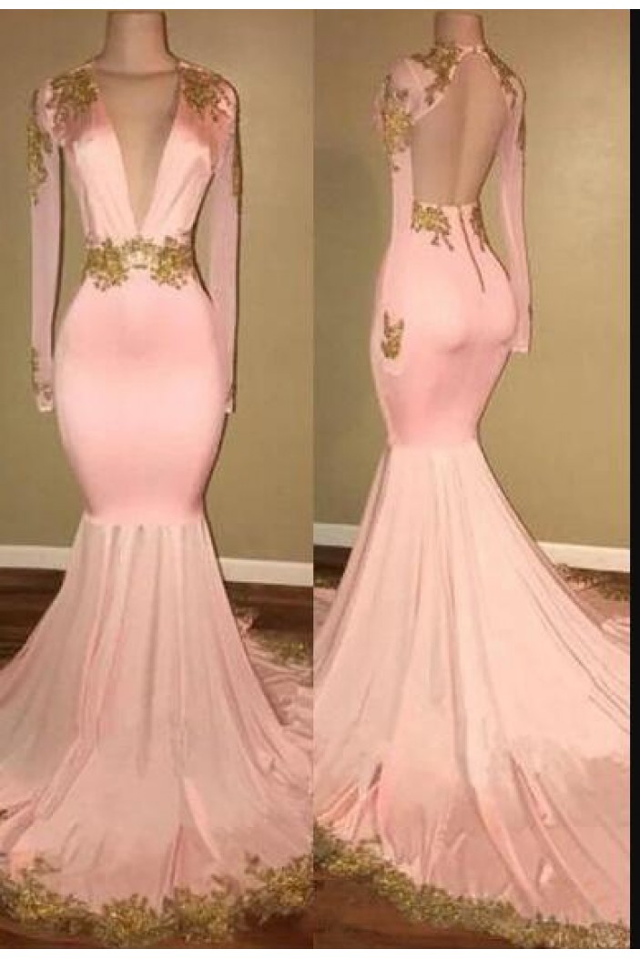 Mermaid Deep V-Neck Long Sleeves Long Prom Dress Formal Evening Dresses 601560