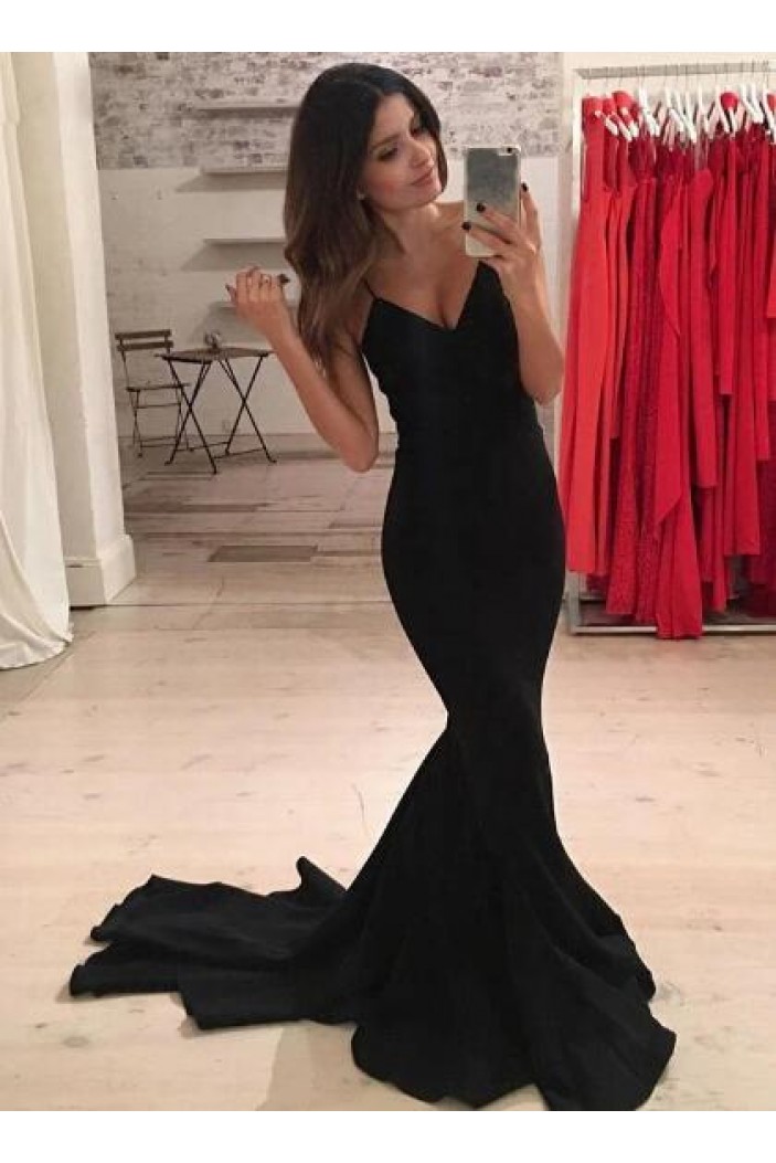 Long Black Mermaid V-Neck Long Prom Dress Formal Evening Dresses 601566