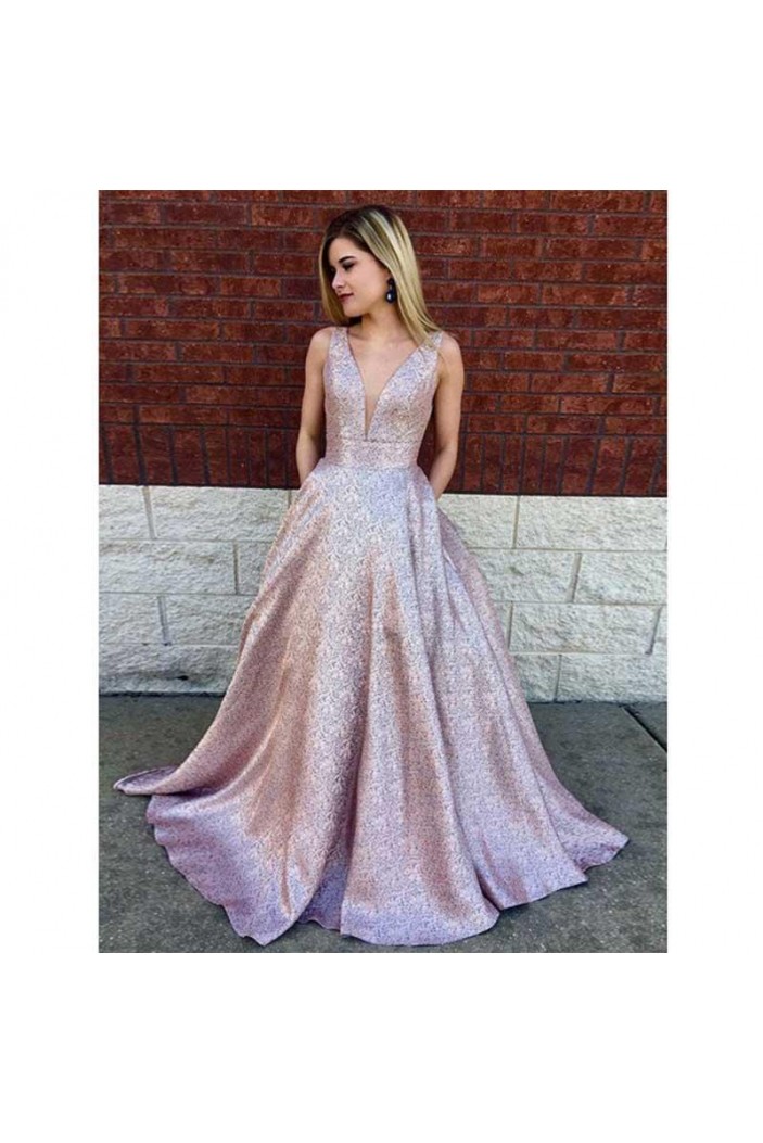 A-Line Sparkle V-Neck Long Prom Dress Formal Evening Dresses 601576