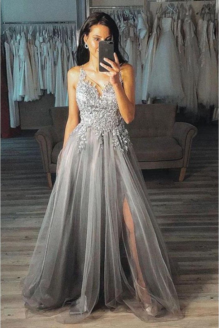 A-Line Lace Tulle V-Neck Long Prom Dress Formal Evening Dresses 601594