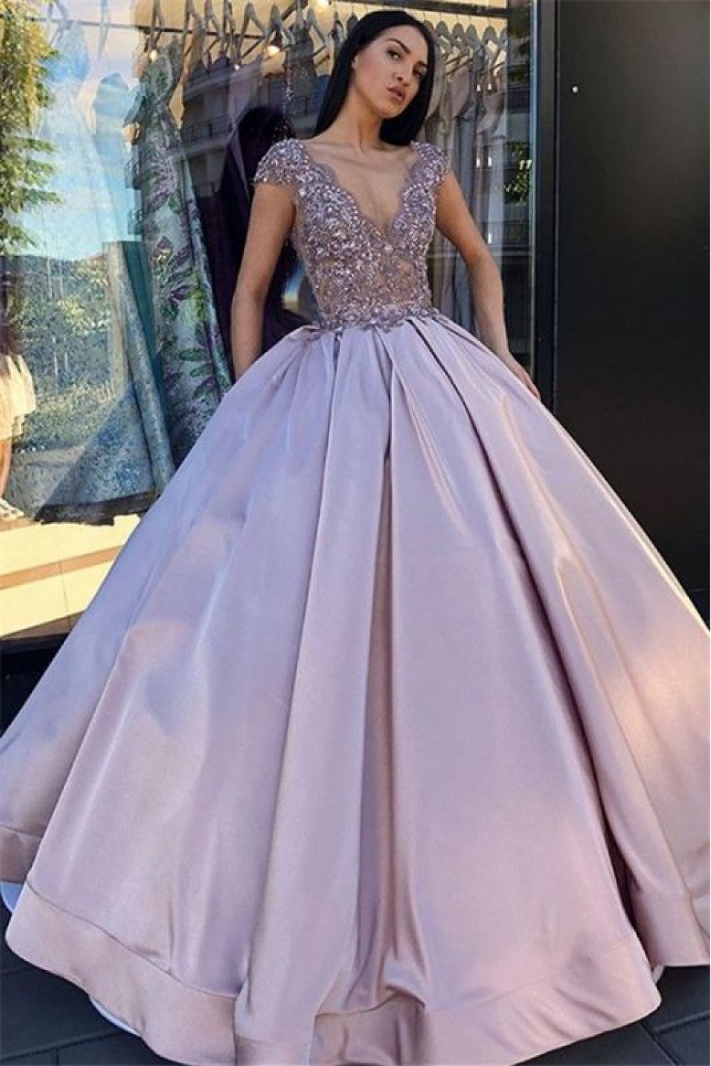 Ball Gown Bead Lace V-Neck Long Prom Dress Formal Evening Dresses 601608