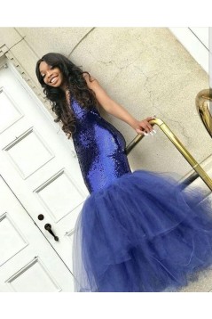 Mermaid V-Neck Sequins Tulle Long Prom Dress Formal Evening Dresses 601621