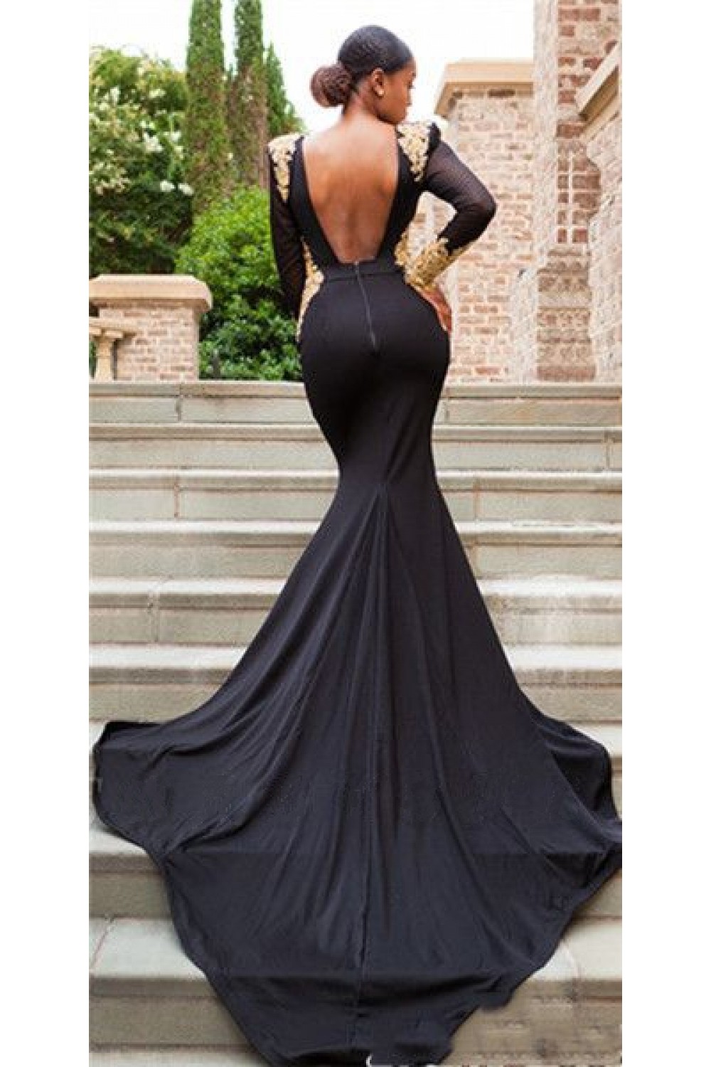 Mermaid Long Sleeves Lace V Neck Long Black Prom Dress Formal Evening 7946