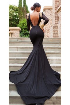 Mermaid Long Sleeves Lace V-Neck Long Black Prom Dress Formal Evening Dresses 601636