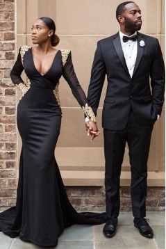 Mermaid Long Sleeves Lace V-Neck Long Black Prom Dress Formal Evening Dresses 601636