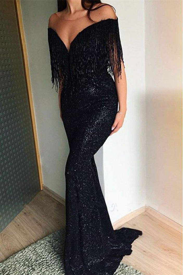 Mermaid Sequins V-Neck Long Black Prom Dress Formal Evening Dresses 601641