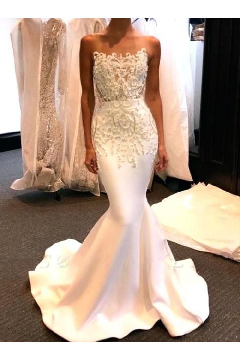 Mermaid Lace Long White Prom Dress Formal Evening Dresses 601647 7775