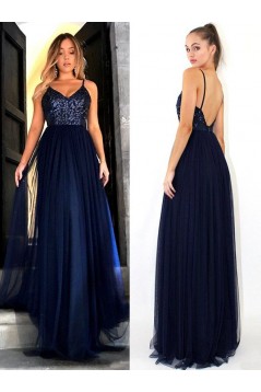 A-Line Sequins Tulle Long Prom Dress Formal Evening Dresses 601666