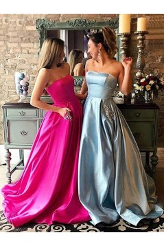 A-Line Beaded Satin Long Prom Dress Formal Evening Dresses 601685