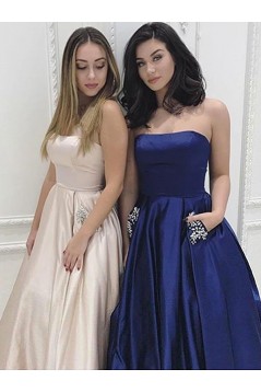 A-Line Beaded Satin Long Prom Dress Formal Evening Dresses 601685