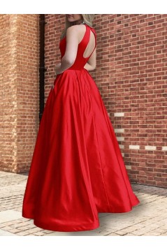 A-Line Beaded Satin Long Prom Dress Formal Evening Dresses 601686